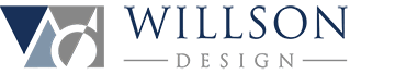 Logo for Willson Design, featuring a stylized geometric design in blue and gray next to the text, perfect for showcasing the expertise of building designers.