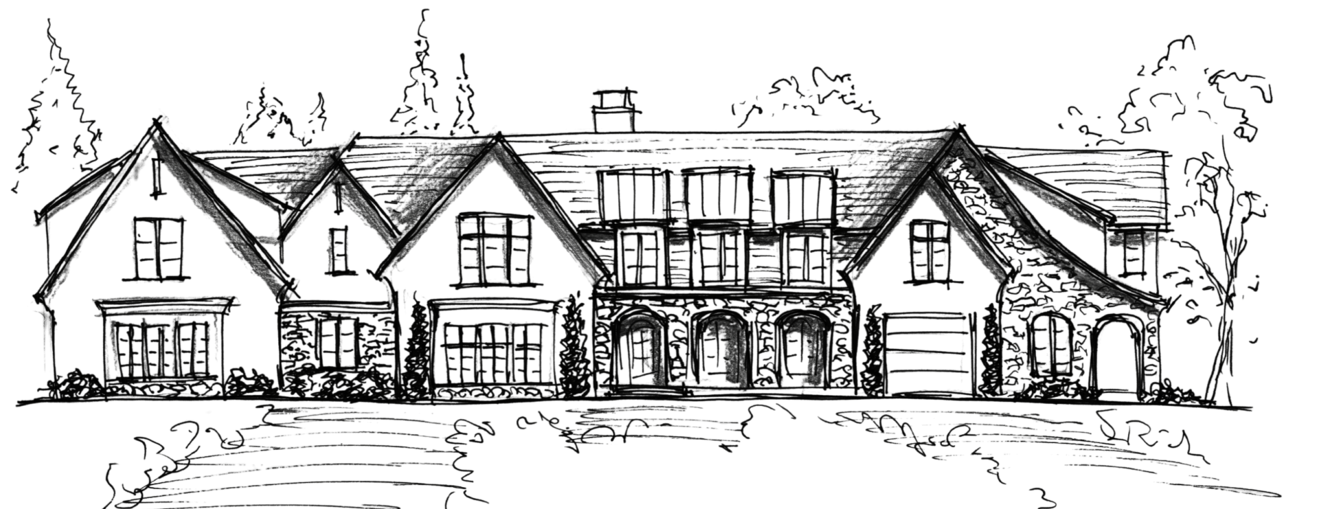 Line drawing of a large, two-story house with multiple gables and windows, skillfully crafted by talented home designers, surrounded by trees.