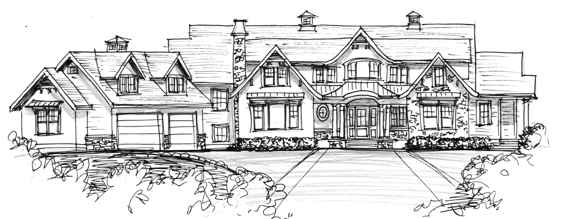 A detailed black and white sketch of a large, multi-story house with multiple gabled roofs, surrounded by bushes and a wide driveway in front, epitomizes the creativity of home designers in crafting custom home designs.