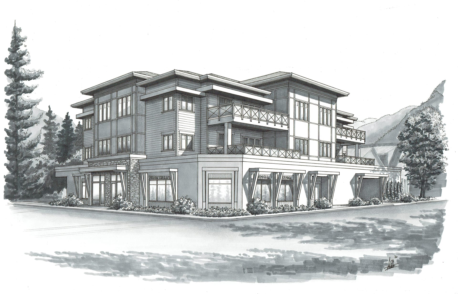 background4boxes-mixed-used-building-design-rendering Architectural sketch of a modern three-story building crafted by expert home designers, featuring large windows, balconies, and surrounding trees.