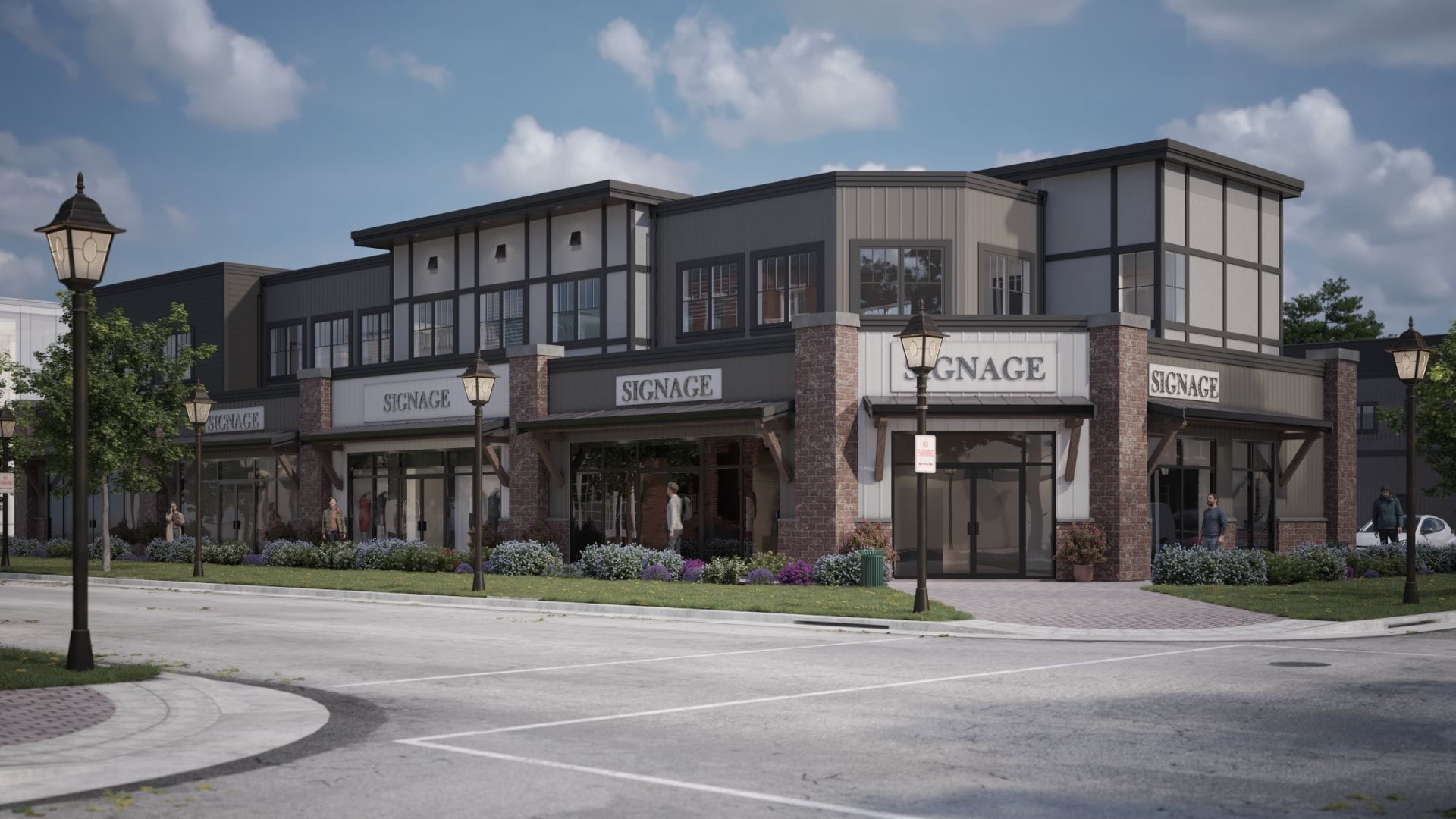 commercial-retail-building-design-rendering A modern two-story commercial building with brick accents and large windows, designed by talented building designers. Featuring multiple "Signage" signs, it is surrounded by lush landscaping and streetlights under a partly cloudy sky.
