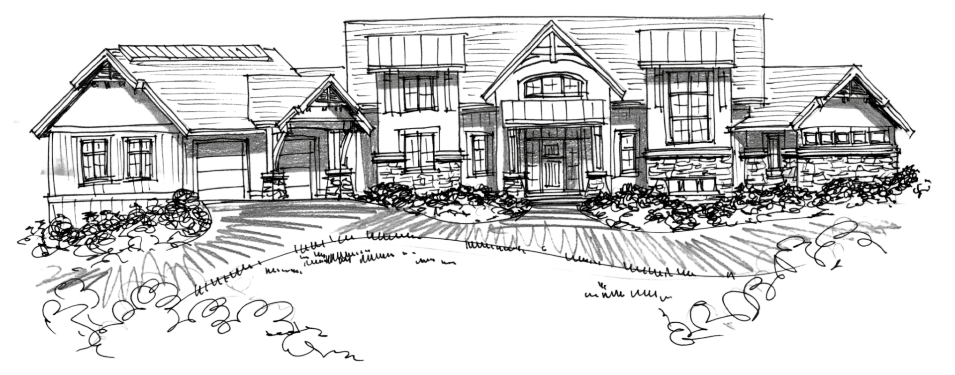 pacific-northwest-craftsman-concept-sketch-transp Black and white sketch of a large, multi-story house with detailed architectural features crafted by expert home designers, featuring intricate landscaping in the foreground.