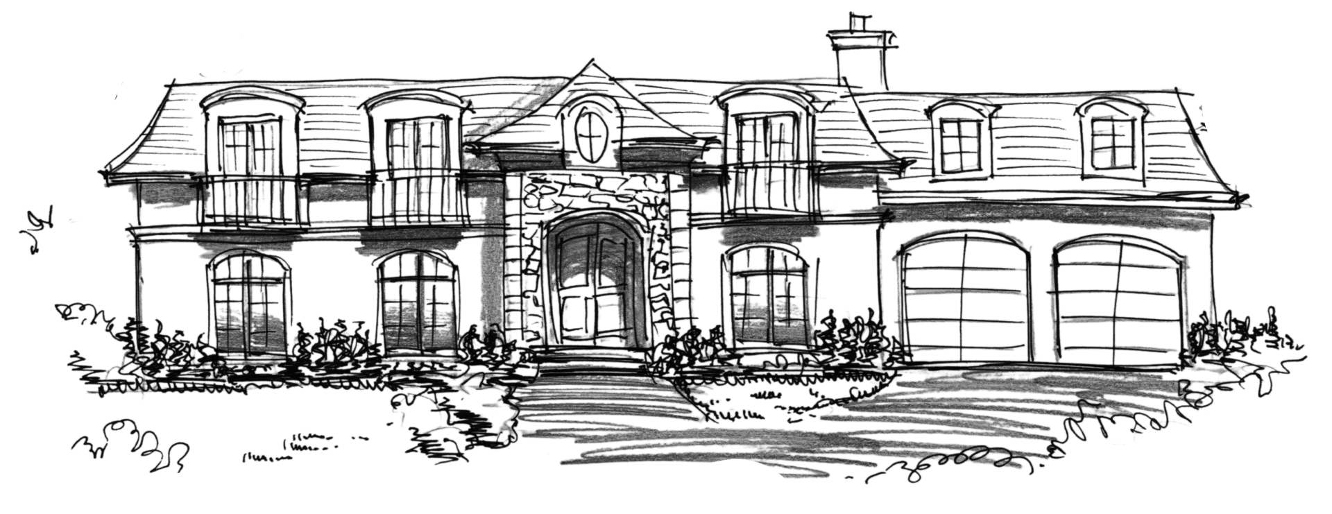 custom-home-concept-sketch-transparent-6 Black and white sketch of a custom home design featuring a two-story house with a stone entrance, arched windows, a tall roof, and two garage doors, skillfully crafted by talented building designers.